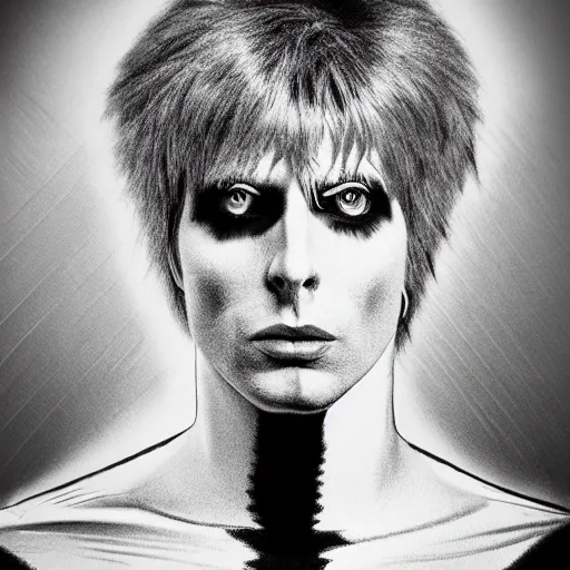 Prompt: Ziggy Stardust in a black long sleeve shirt looking directly into the camera, forward angle, white background, realistic, hyperrealistic, in real life, highly detailed, very detailed, 4k resolution, 8k resolution, trending on artstation, real life, head and bodyshot