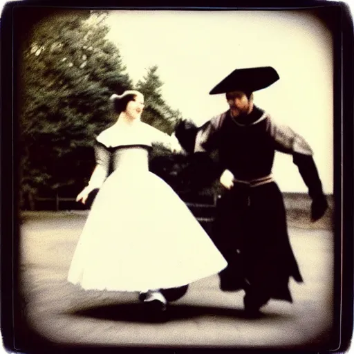 Image similar to “Anne Boleyn running away from the executioner, polaroid photo”