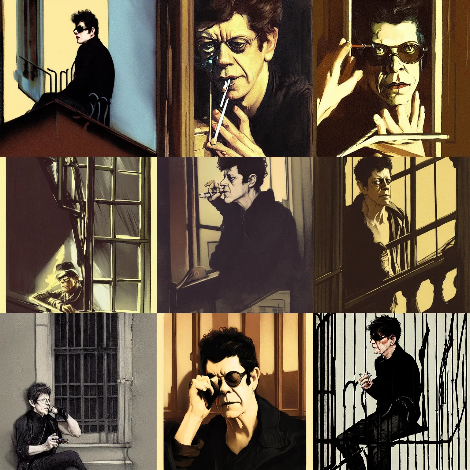 Prompt: character portrait of lou reed sitting down on a fire escape smoking a cigarette in gothic london, john singer sargent, muted colors, moody colors, illustration, digital illustration, amazing values, art by j. c. leyendecker, joseph christian leyendecker, william - adolphe bouguerea, graphic style, dramatic lighting, gothic lighting