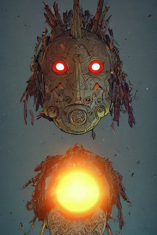 Image similar to tribal vodoo mask eye radiating a glowing aura global illumination ray tracing hdr fanart arstation by ian pesty and katarzyna da „ bek - chmiel that looks like it is from borderlands and by feng zhu and loish and laurie greasley, victo ngai, andreas rocha, john harris wooly hair cut feather stone