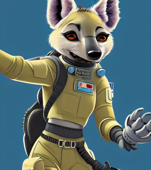 Prompt: digital detailed art of furry female hyena, in style of zootopia, fursona, furry, furaffinity, deviantart, wearing astronaut outfit, in style of mark arian, floating in space, space background, hyena fursona, cyberpunk, female, detailed face, style of artgerm,