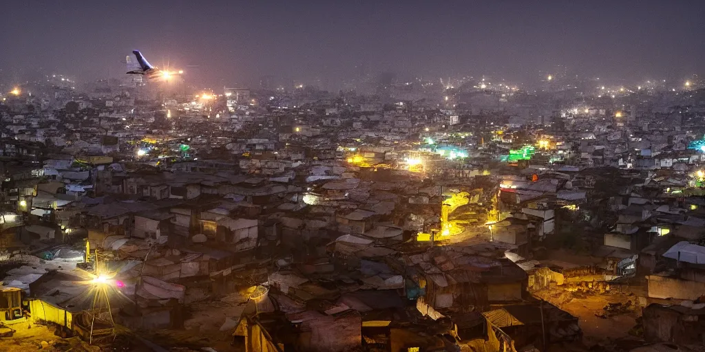 Image similar to large UFO over Ajegunle slums of lagos beaming neon rays of light, wide angle, Gold hour light,