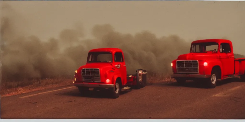 Image similar to polaroid photo of a red truck on fire, big smoke clouds, at night, stars visible in the sky, slight color bleed