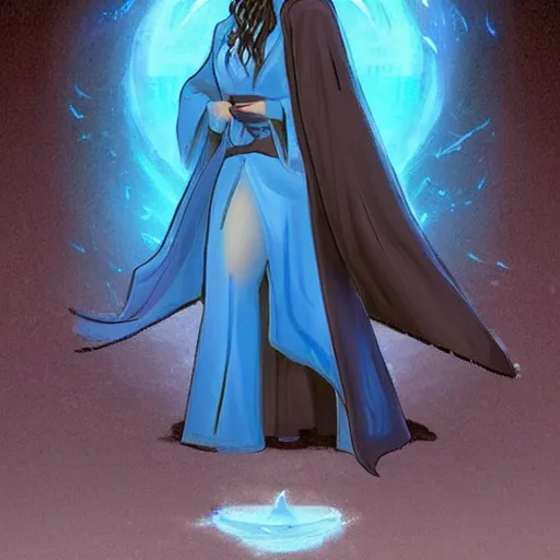 Image similar to a confident mage woman with long blue cape and brown flowing hair!! disovering a graveyard of dreams, inside a futuristic portal!!