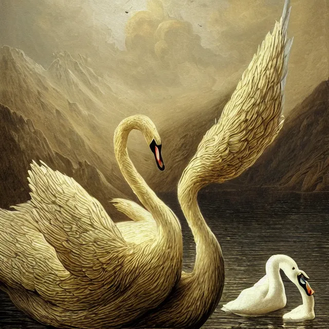 Prompt: a painting of a mount in the shape of a swan by johfra bosschart, dark fantasy art, high detail, trending on artstation