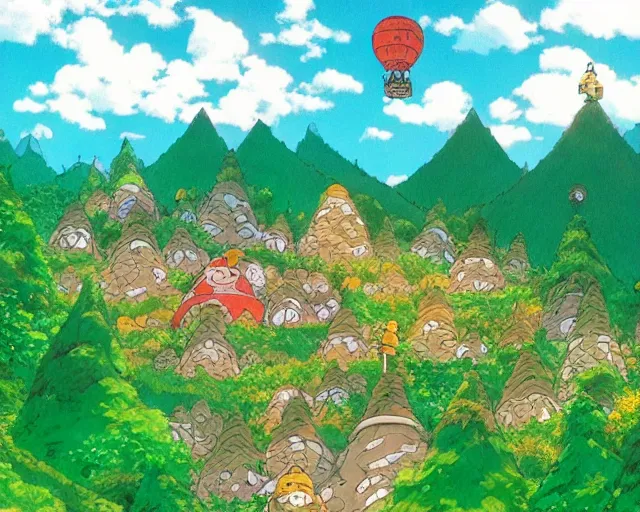 Image similar to mountain overseeing clown village next to a balloon forest, studio ghibli style, hayao miyazaki