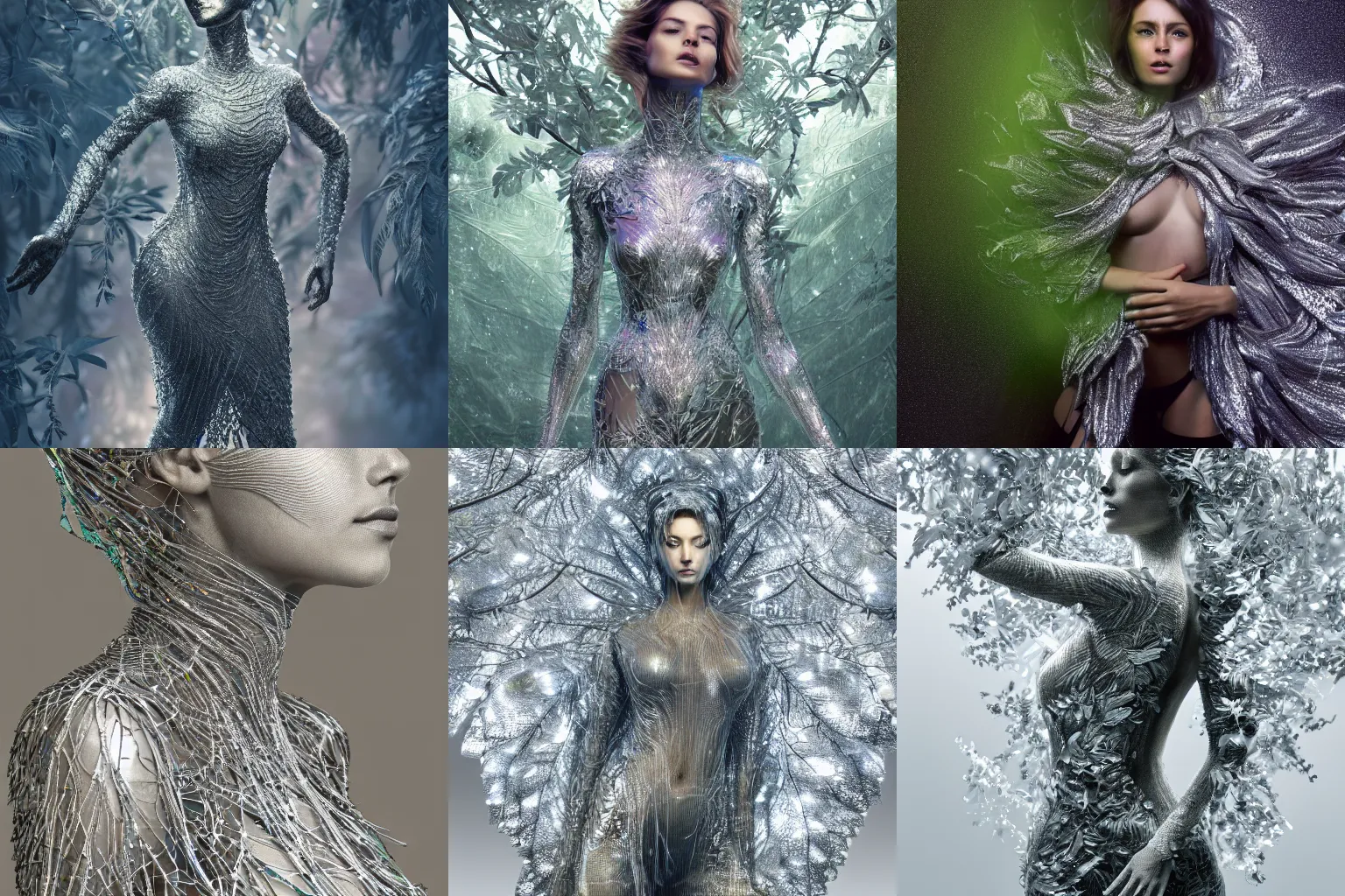 Prompt: a highly detailed full body digital image of a silver covered elegantly posed futuristic woman beautifully cocooned in chromatic leafy foliage like leaves shot, full body shot, by Andrew Chiampo, artstation, and Frederik Heyman, extremely detailed woman, stunning volumetric lighting, intricate details, hyper realism, fantasy, textured, stylized, 4k,