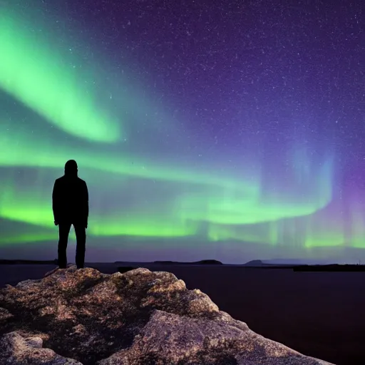 Prompt: 4K Epic Ultra HD detailed award-winning wallpaper silhouette of lonely man standing on rock looking at huge vast sky universe Milky Way aurora