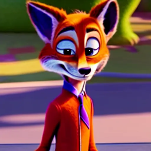 Image similar to Nick Wilde (from Zootopia) wearing a purple uniform