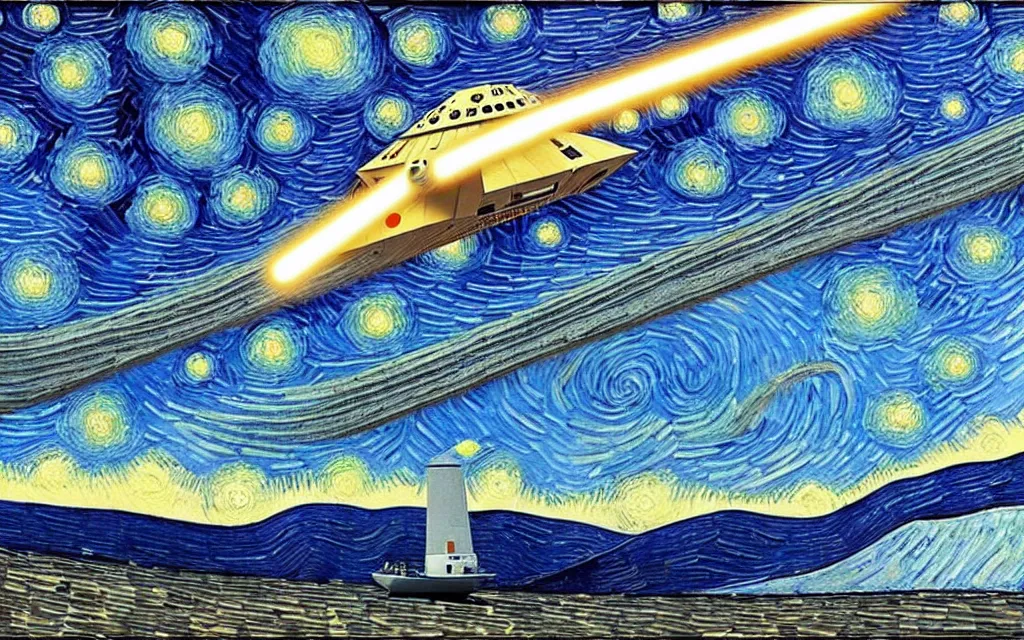 Image similar to star wars star destroyer from star wars in the sky of the starry night by van gogh modern inpainting high details