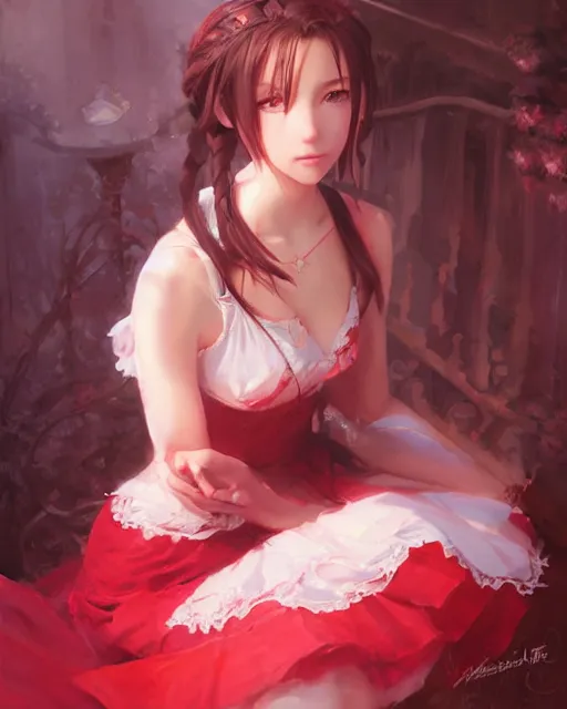 Image similar to aerith gainsborough in red lace skirt, portrait, illustration, rim light, top light, perfectly shaded, soft painting, art by krenz cushart and wenjun lin