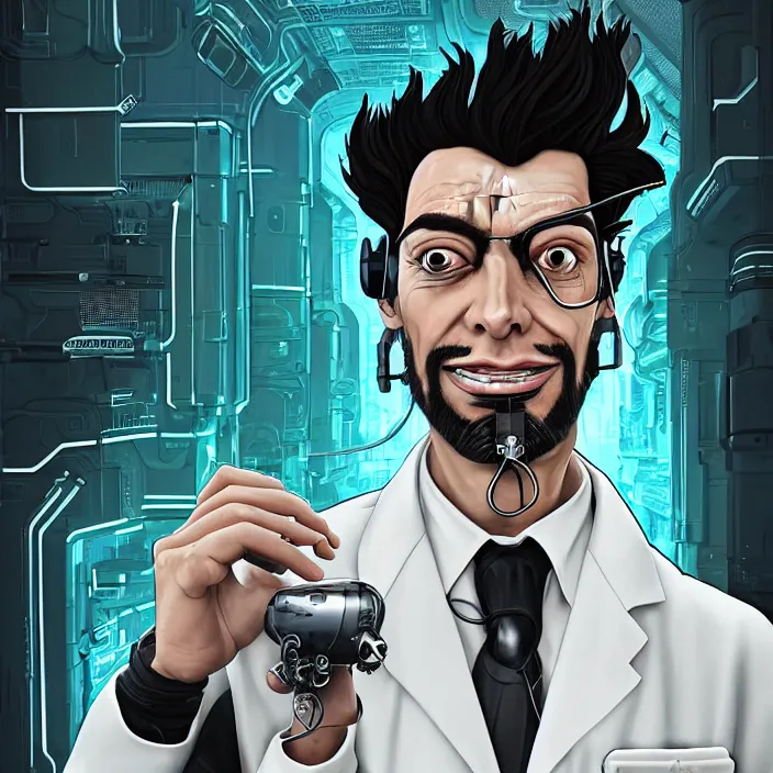 Image similar to A portrait of one! latino mad scientist male with cyborg face looking at the camera with a queasy smile!!, wearing a black suit under a white laboratory coat, in a mixed style of Botticelli and Æon Flux!!, inspired by Simon Stålenhag paintings, and cyberpunk!!!, stunningly detailed, stunning inking lines, flat colors, 4K photorealistic