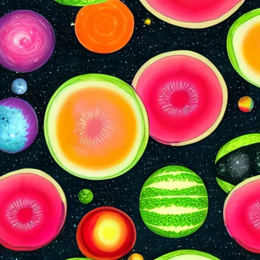 Image similar to a watermelon galaxy, with various colourful planets