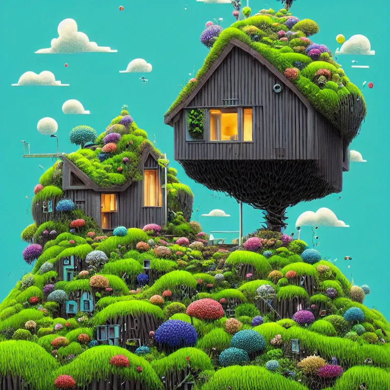 Prompt: tiny house by kengo kuma on island sea cloud surreal art by gediminas pranckevicius geof darrow jason naylor, very coherent, sharp, colorful high contrast, dark shadows, hard lighting, floralpunk flower green plants garden, inking etching screen print, hd, 8 k hyper detailed, octane render