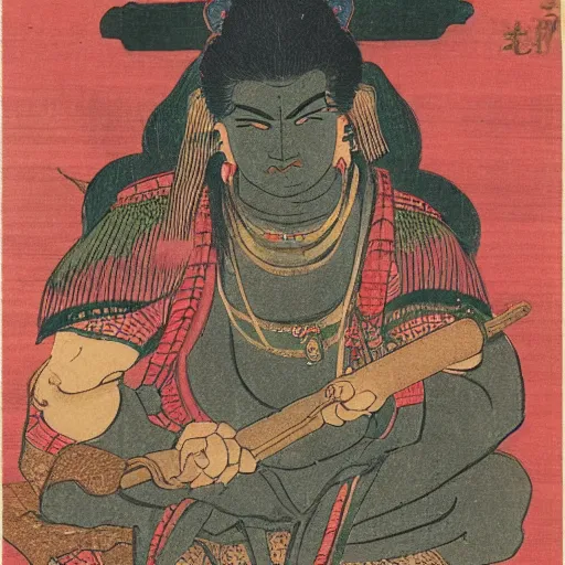 Image similar to late meiji period, colored woodblock print, shiva the destroyer