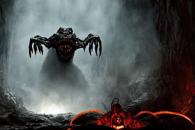 Image similar to movie still, a balrog lurking through moria, style of h. r. giger, directed by ridley scott, moria in the style of h. r. giger, dark, cinematic, cinemascope