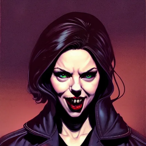 Image similar to rafael albuquerque comic art, peter mohrbacher, steve niles, phil noto, artgerm, pretty scarlett johansson vampire sharp vampire teeth open mouth, symmetrical eyes, black leather jacket, jeans, long blonde hair