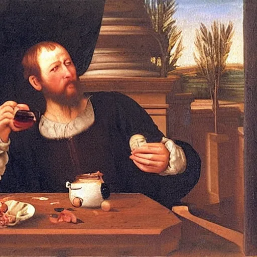 Prompt: A renaissance oil painting of a man drinking milk