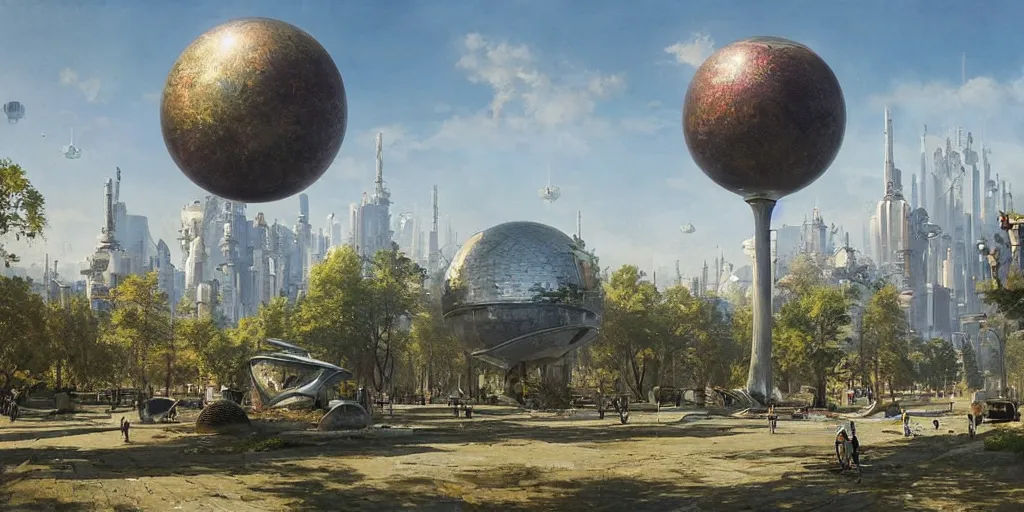 Image similar to a solarpunk city and park with a glorious spherical sci-fi building at its centre, bright and sunny day, Greg Rutkowski and Ivan Shishkin