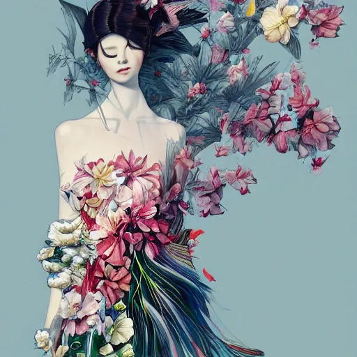 Image similar to 3 / 4 view of a beautiful girl wearing an origami dress, eye - level medium shot, fine floral ornaments in cloth and hair, hummingbirds, elegant, by eiko ishioka, givenchy, nobuyoshi araki, by peter mohrbacher, centered, fresh colors, origami, fashion, detailed illustration, vogue, japanese, reallusion character creator