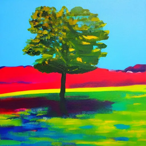 Prompt: landscape acrylic painting on canvas in the style of chris wilmshurst, bold colours