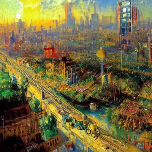 Prompt: a very beautiful eco - friendly environmental future!!! city cityscape, flying cars and elevated!! trains and solar power, lots of plants and flowers, sunrise, style of olidon redon