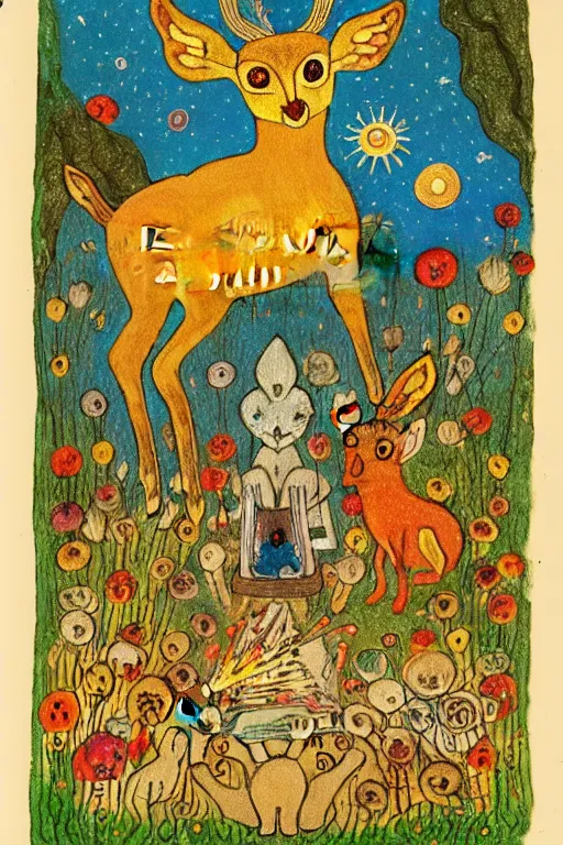 Image similar to tiny golden deer glowing eyes and sun ray mane holding lit matches and singing, children's book illustration, traditional folk art style, gouache on paper, outsider art, David Palladini, Mu Pan, Carson Ellis, Julia Sarda, tarot card, Henry Darger, Louis Wain