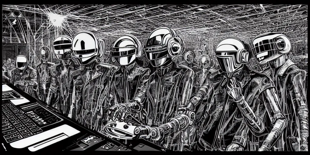 Prompt: intricate detailed artwork of 2 Daft Punk robot rock using Apple notebook Macbook at an underground warehouse rave in Ibiza, playing techno house music, thousands of beautiful girls in bikini dancing, in the style of Moebius, wires, speakers, black and white ink, some ink drips, sharp details