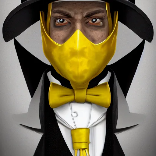 Image similar to a highly detailed portrait of a man in a high top hat covering his face, in a black tailcoat with a yellow waistcoat under the tailcoat, artstation, deviantart, professional, unreal engine 5, photorealistic