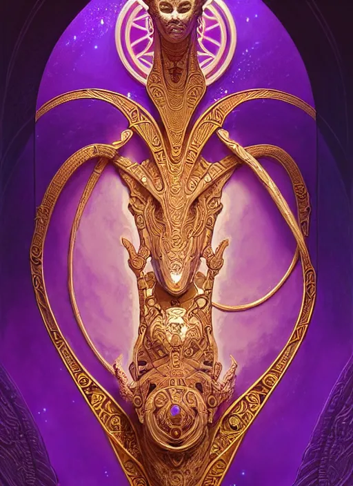 Image similar to ornate alien sacred sarcophagus, art nouveau hieroglyphics, lavender and gold palette, symmetry, fantasy, intricate, elegant, highly detailed, colorful, dark colors, dramatic shadow, digital painting, artstation, concept art, art by artgerm and greg rutkowski and ruan jia and fromsoftware