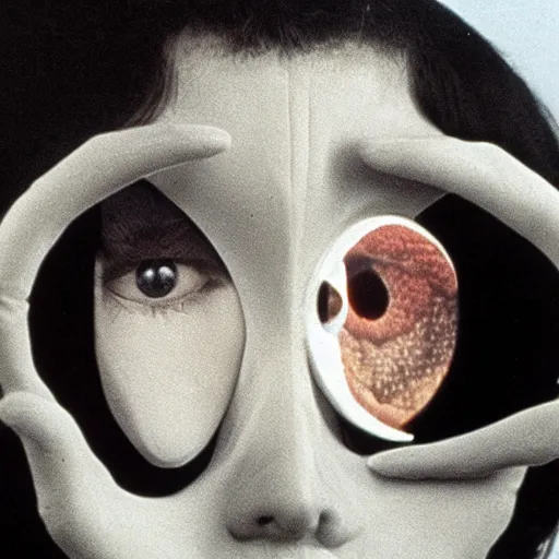 Image similar to woman with prosthetic nose enters an eyeball cult, 1981 children's tv show, color