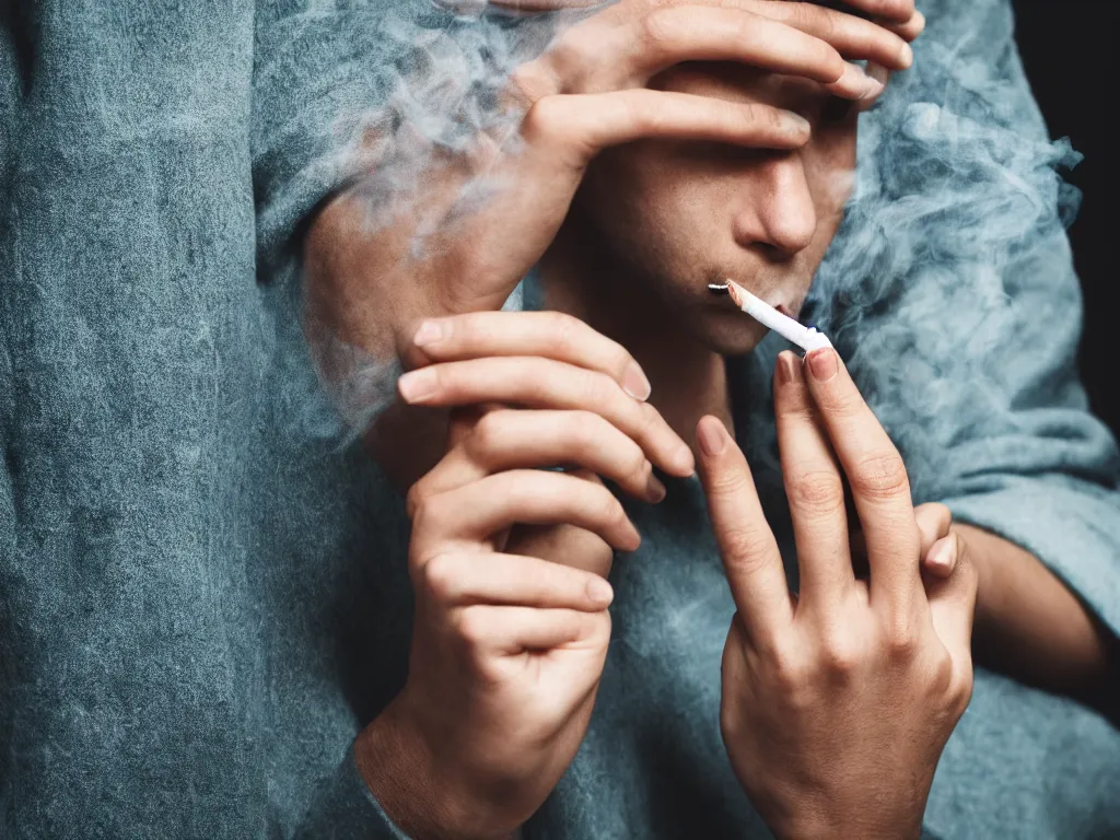 Prompt: Close-up view of hyperrealistic thin soft hand holding cigarette with smoke, photo by Marion Berrin, 4K