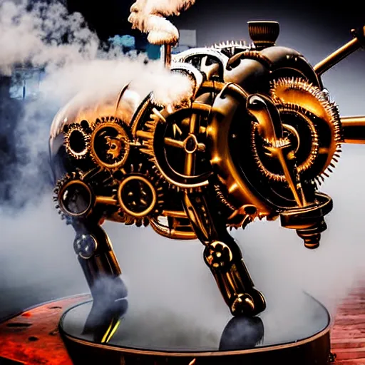 Image similar to a clockwork mechanical bull there are gears sticking out of the mechanical bull steam emanates from the robotic bull and thick clouds of steam swirl around the clockwork bull, ultra high detail, high particle effects, highly reflective surface, realistic reflections