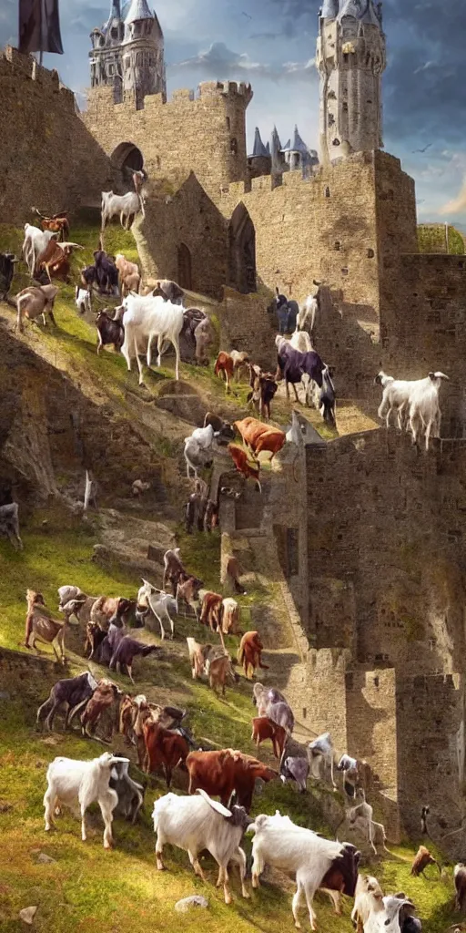 Image similar to a herd of goats! on stairs in a beautiful fantasy castle, medieval citadel, medieval cathedral, many goats, magic, tall towers, gorgeous clouds, colorful, sunrays, digital painting, landscape, octane render, unreal engine, high detail, very realistic, by greg rutkowski. by james gurney