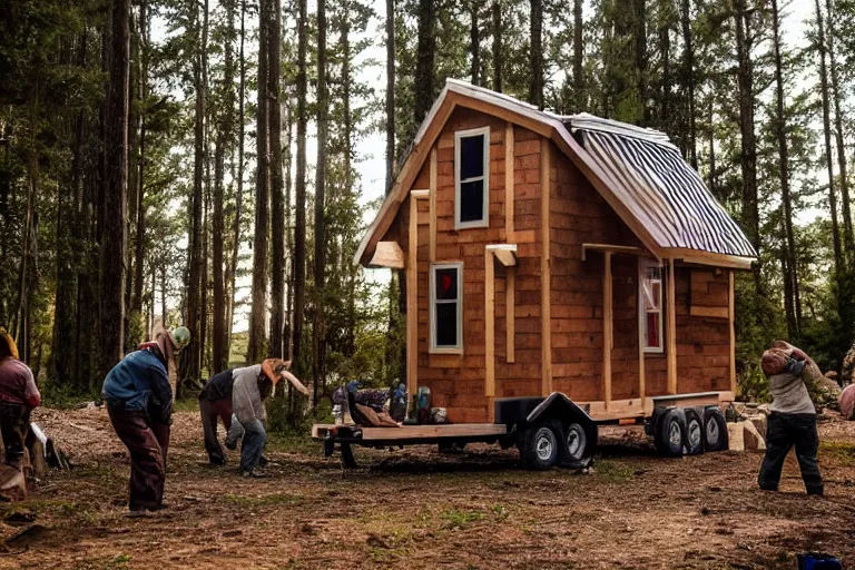 Image similar to movie scene, real life team of gnome people building a tiny house in their forest village natural lighting by emmanuel lubezki