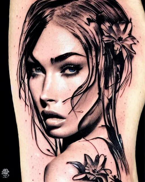 Image similar to creative double exposure effect tattoo design sketch of megan fox with beautiful mountains, realism tattoo, in the style of andrey lukovnikov, amazing detail, sharp