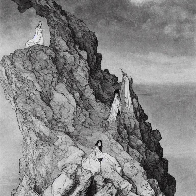 Prompt: A woman standing on a cliff, looking out at a storm Anton Pieck,Jean Delville, Amano,Yves Tanguy, Alphonse Mucha, Ernst Haeckel, Edward Robert Hughes,Stanisław Szukalski and Roger Dean