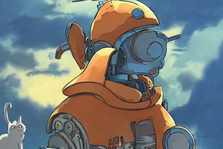 Image similar to A cell animation of a robot and a cat, Nausicaa of the Valley of the Wind, Miyazaki Hayao, ghibli style, illustration, azure tones, vintage colors, anime, trending on artstation