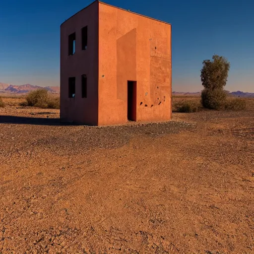 Image similar to Photograph of a tall soviet communist european residential block standing lonely in a desert, after dawn