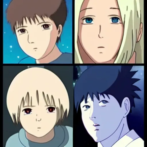 Image similar to Spirited away, guy with dark blonde hair and blue eyes in space, beautiful