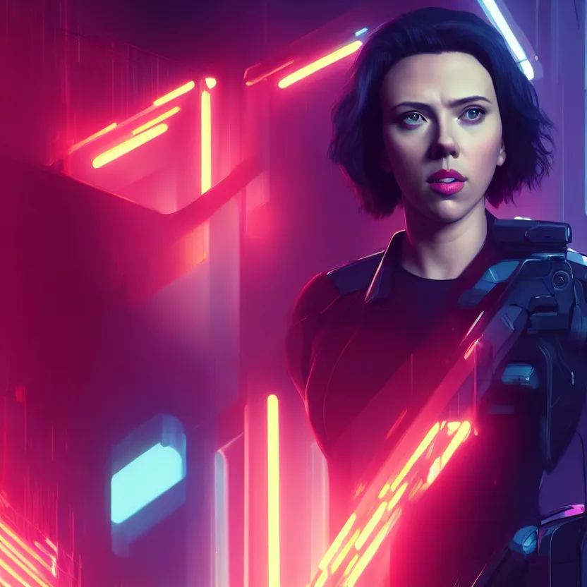 Image similar to 3 / 4 portrait, scarlett johansson as major mira killian from ghost in a shell, night, crop top, beautiful, in a modern city, neon signs, jewelry, artstation, william bouguereau, rossdraws, greg rutkowski, super detailed, realistic, octane render, volumetric, cinematic, 8 k