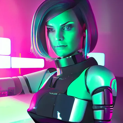 Image similar to female cyberpunk android in the style of beeple, neon lights, futuristic, 8 k resolution, trending on artstation, cg society, award winning