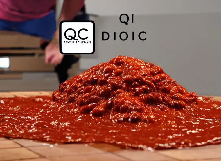 Image similar to qvc tv show product showcase pile of nasty chili spilled on the floor, chunky sloppy fat men no shirts slipping in chili on the floor, wet, studio, 3 payments of $ 2 4 limited time offer, call now, extremely detailed, portraits, 4 k, hd