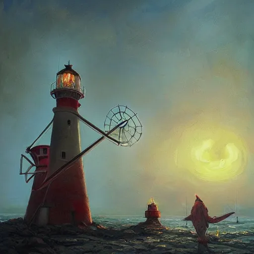 Image similar to level windmill lighthouse turbine propeller sails in Hand Crafted from composite materials by Futuristic Steampunk Savant Neurocrafter Gnomes. Painting by anato finnstark greg rutkowski Donato Giancola Jeff Simpson tombow