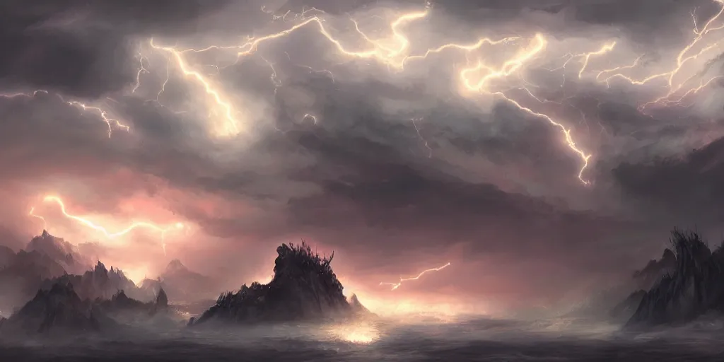 Image similar to digital painting, storm dragon, lightning storm, fantasy landscape, detailed lighting, high quality, sharp focus, intricate, artstation, 4k