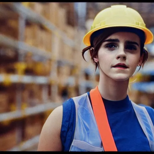 Image similar to photo, close up, emma watson in a hi vis vest, in warehouse, android cameraphone, as seen in 1 9 6 8 action movie, 2 6 mm,