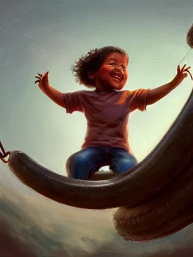 Image similar to a kid having fun on a tire swing. intricate, elegant, highly detailed, digital painting, artstation, concept art, sharp focus, illustration, by justin gerard and artgerm, 8 k