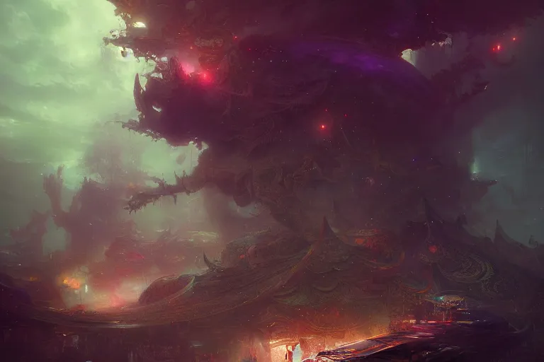 Image similar to a psychedelic realm at the edge of existence where intensely creative astral beings live, in the style of wlop and ruan jia, illustration, epic, fantasy, hyper detailed, smooth, unreal engine, sharp focus, ray tracing