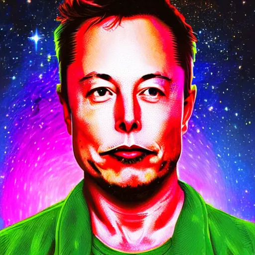 Image similar to a portrait of elon musk crying with a psychedelic background