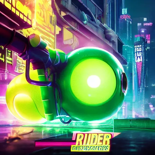 Image similar to high quality 3 d render cyberpunk very tennis ball monster highly detailed, unreal engine cinematic smooth, in the style of blade runner & detective pikachu, hannah yata charlie immer, purple light, low angle, uhd 8 k, sharp focus